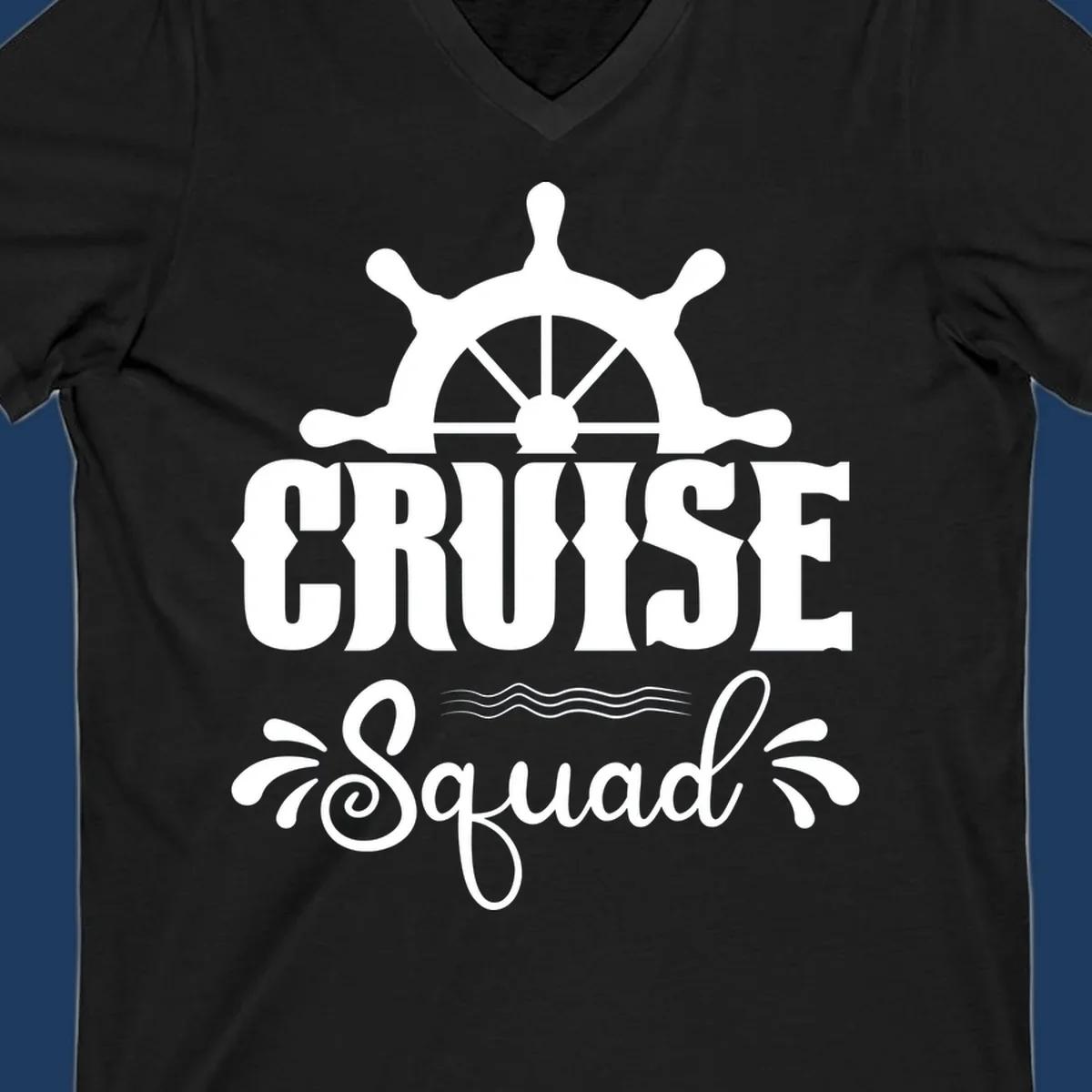 White nautical ship wheel with 'CRUISE SQUAD' text and ocean wave decorative elements on gray background