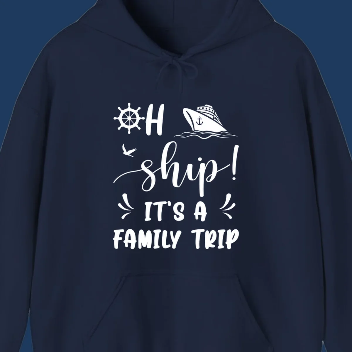 Ahoy ship family cruise design with nautical icons, ship wheel, cruise ship, and seagull graphics with text