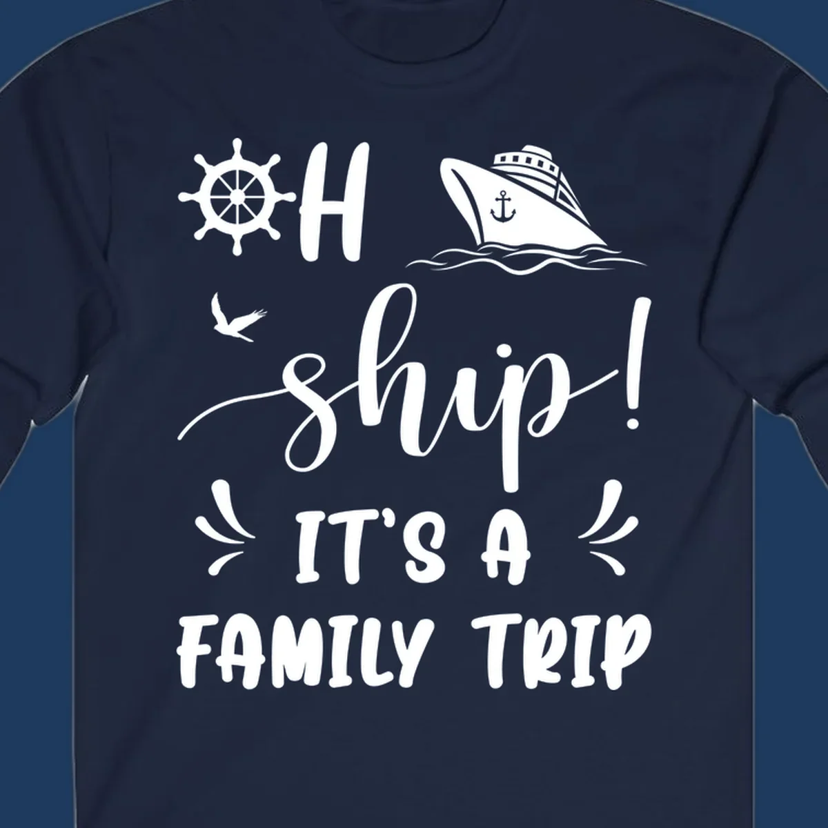 Ahoy ship family cruise design with nautical icons, ship wheel, cruise ship, and seagull graphics with text