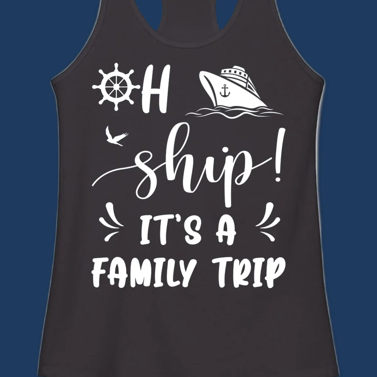 Ahoy ship family cruise design with nautical icons, ship wheel, cruise ship, and seagull graphics with text