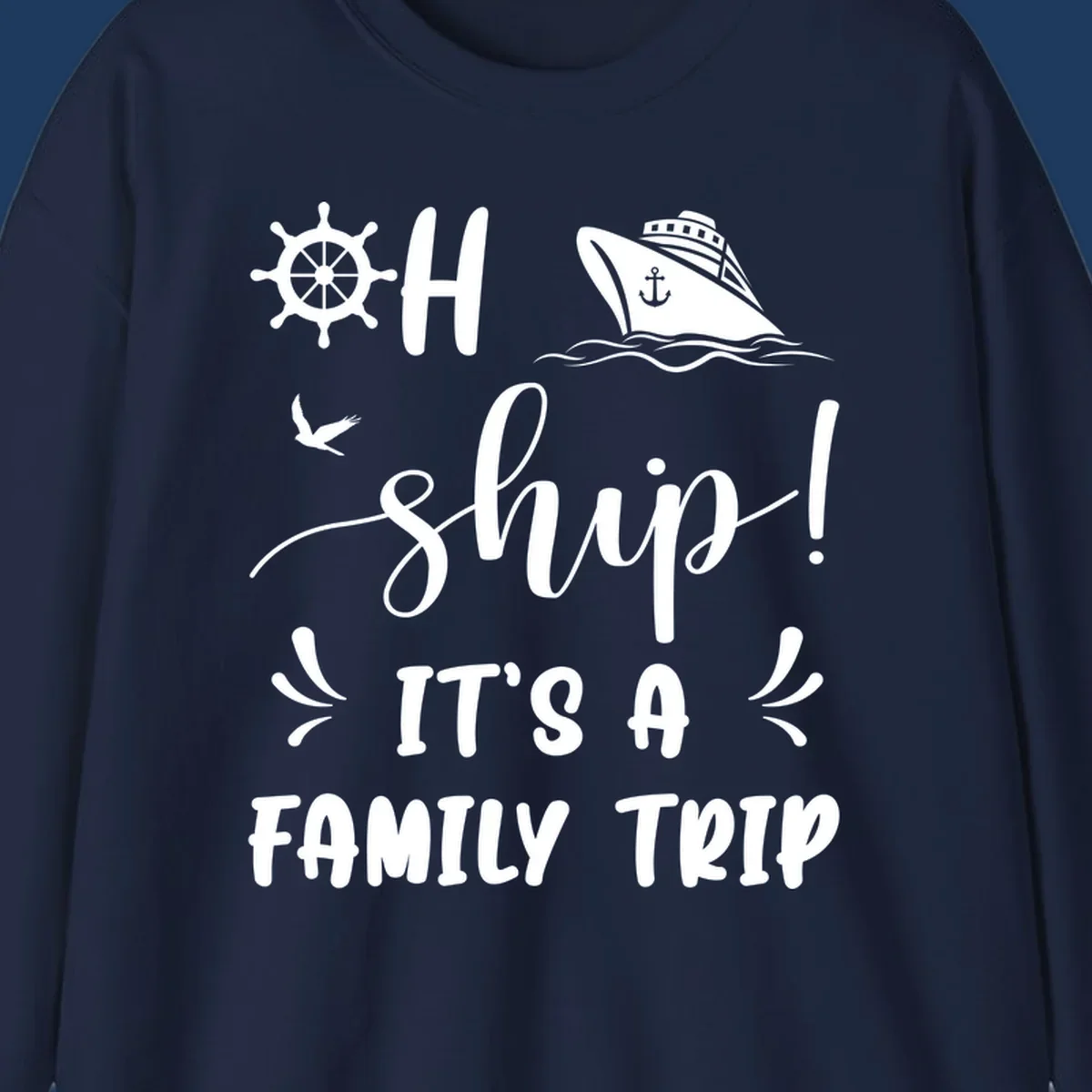 Ahoy ship family cruise design with nautical icons, ship wheel, cruise ship, and seagull graphics with text