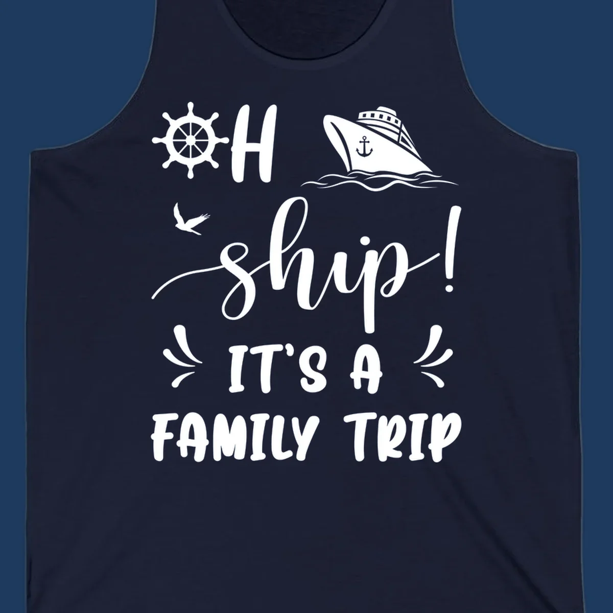Ahoy ship family cruise design with nautical icons, ship wheel, cruise ship, and seagull graphics with text