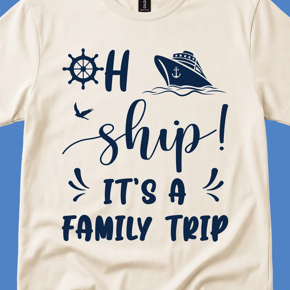 Ahoy ship family cruise design with nautical icons, ship wheel, cruise ship, and seagull graphics with text