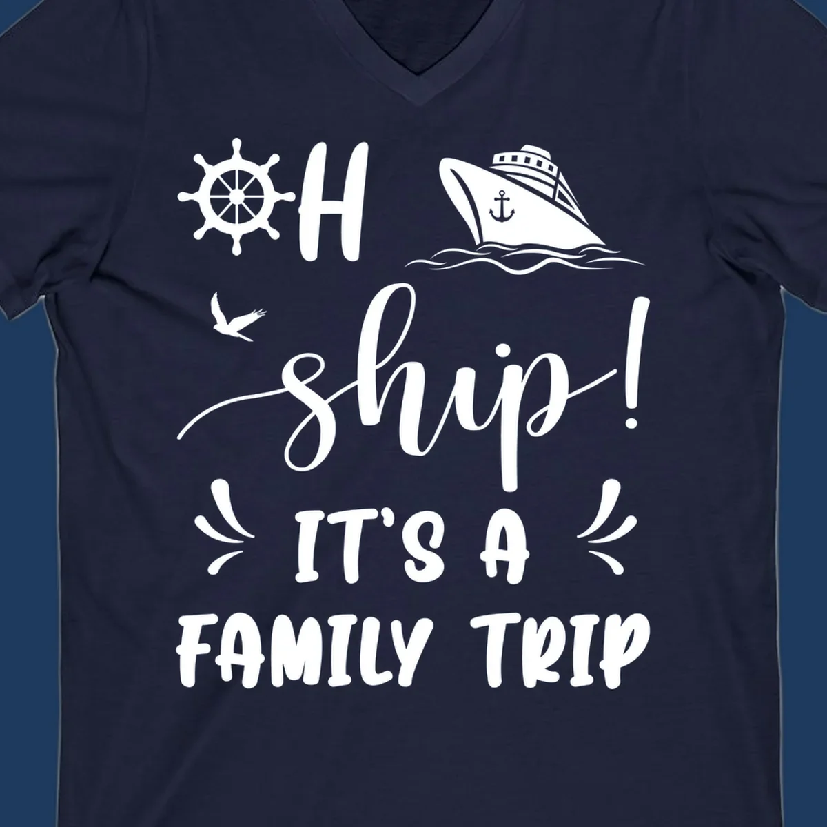 Ahoy ship family cruise design with nautical icons, ship wheel, cruise ship, and seagull graphics with text