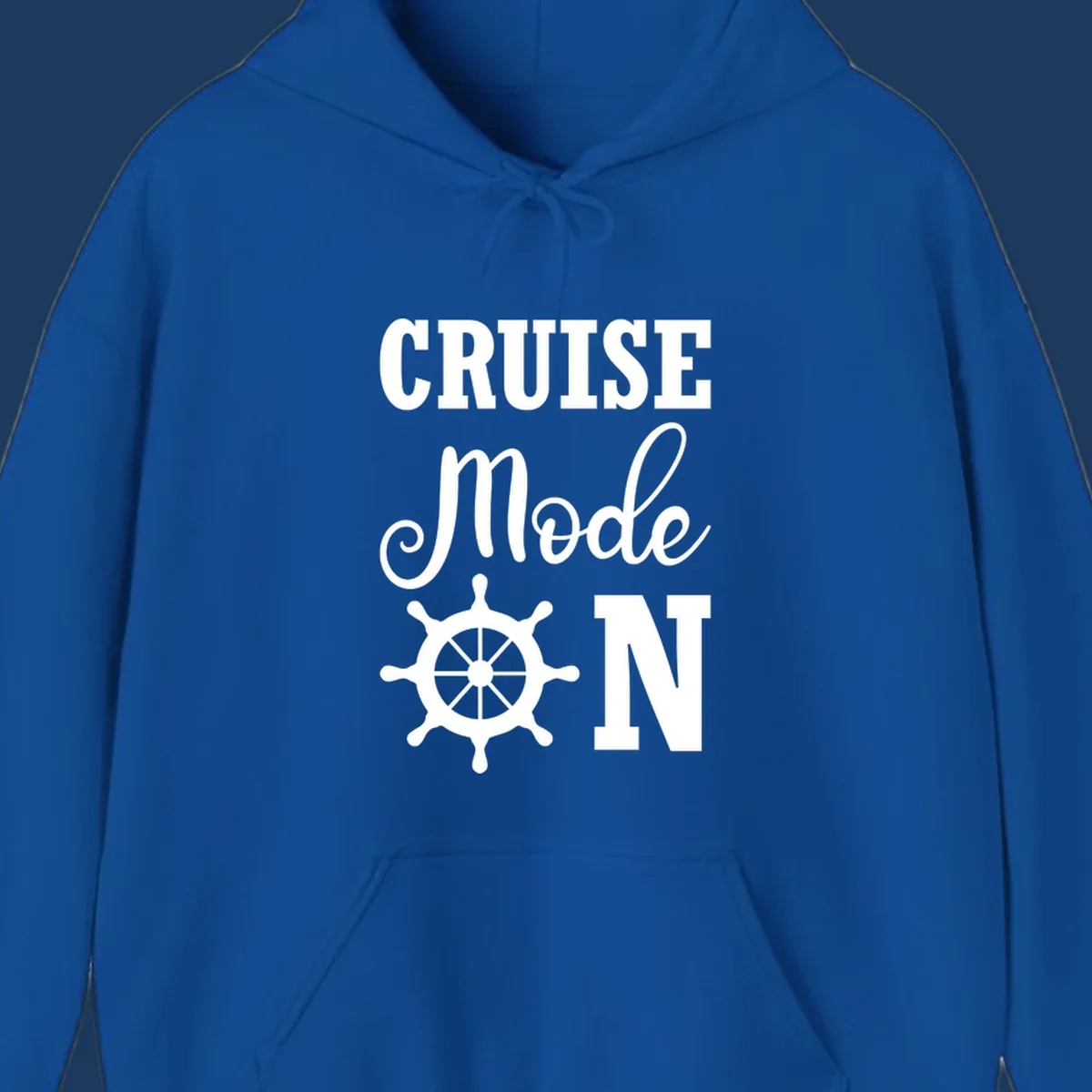 White ship wheel with cruise mode text design on gray background for nautical vacation apparel