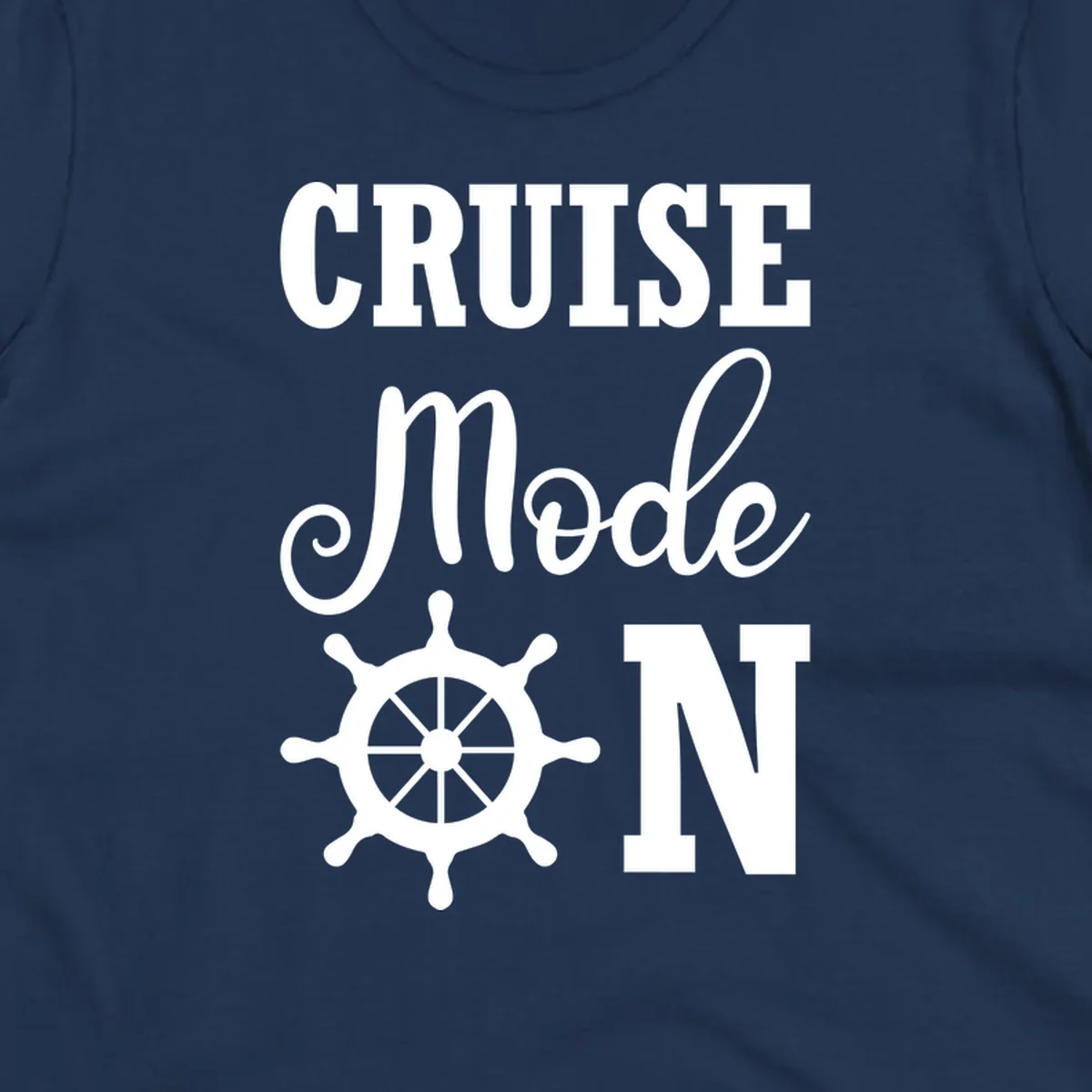 White ship wheel with cruise mode text design on gray background for nautical vacation apparel