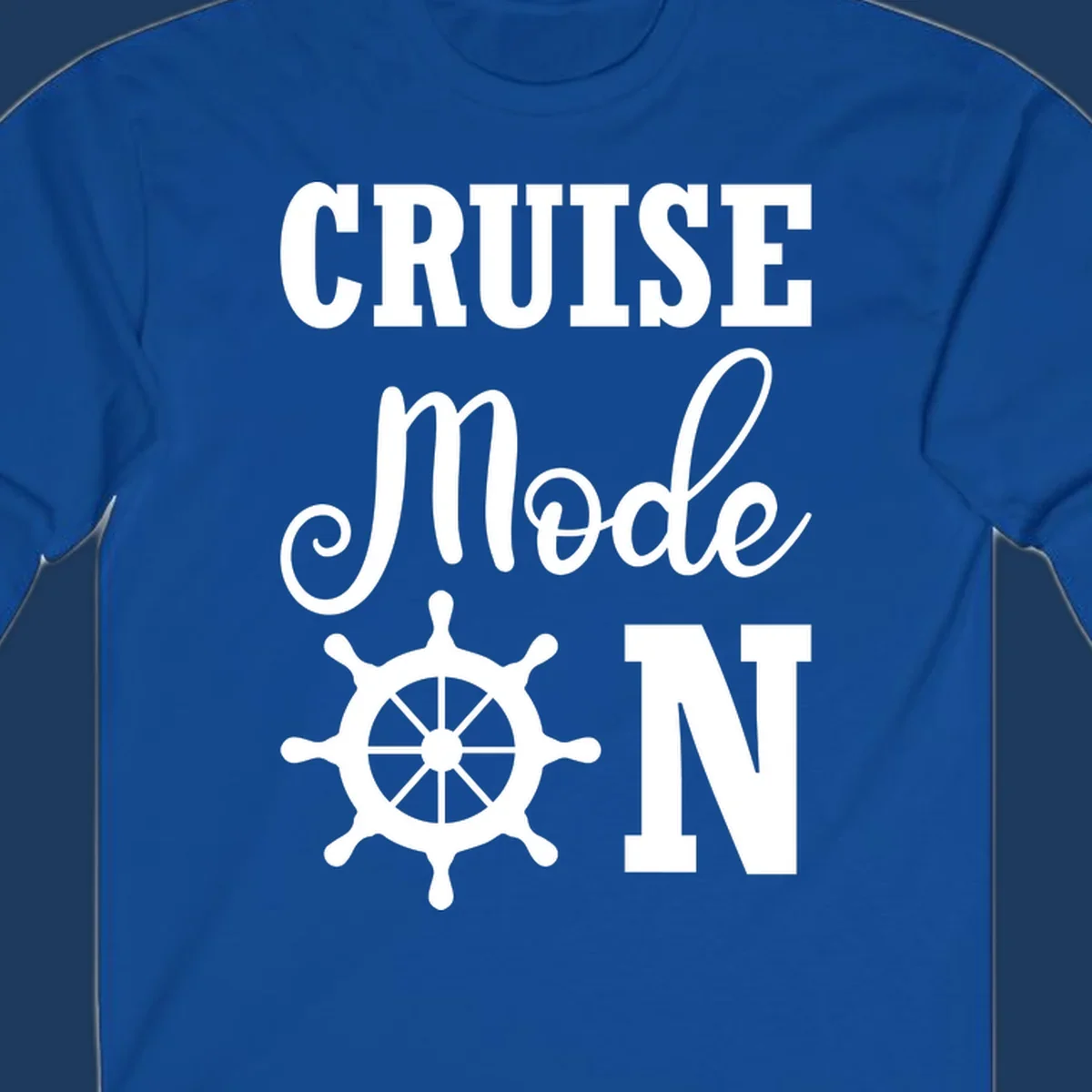 White ship wheel with cruise mode text design on gray background for nautical vacation apparel