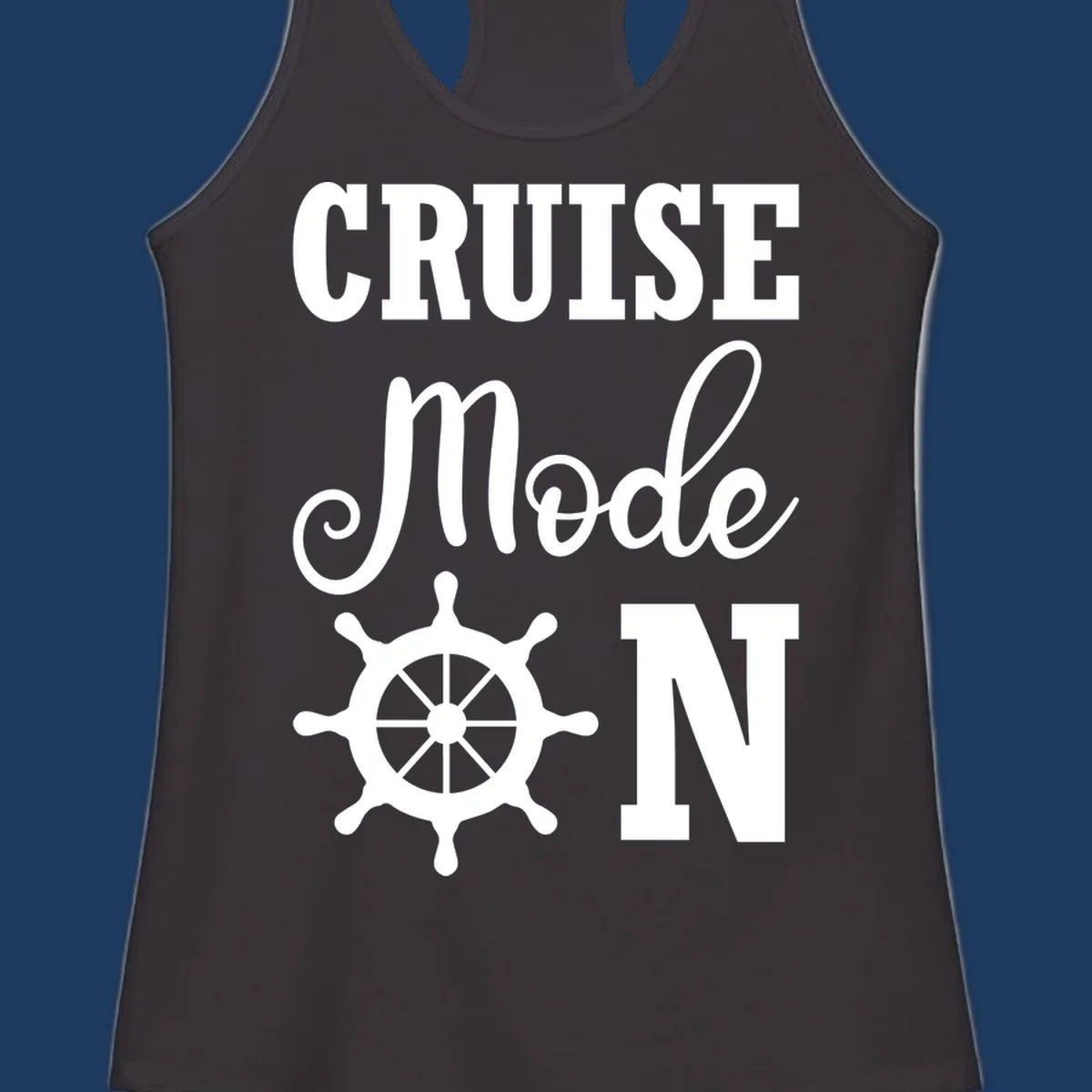 White ship wheel with cruise mode text design on gray background for nautical vacation apparel