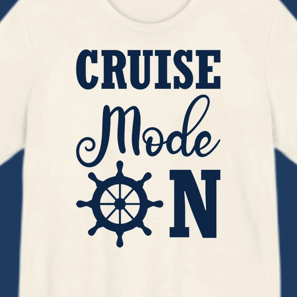 White ship wheel with cruise mode text design on gray background for nautical vacation apparel