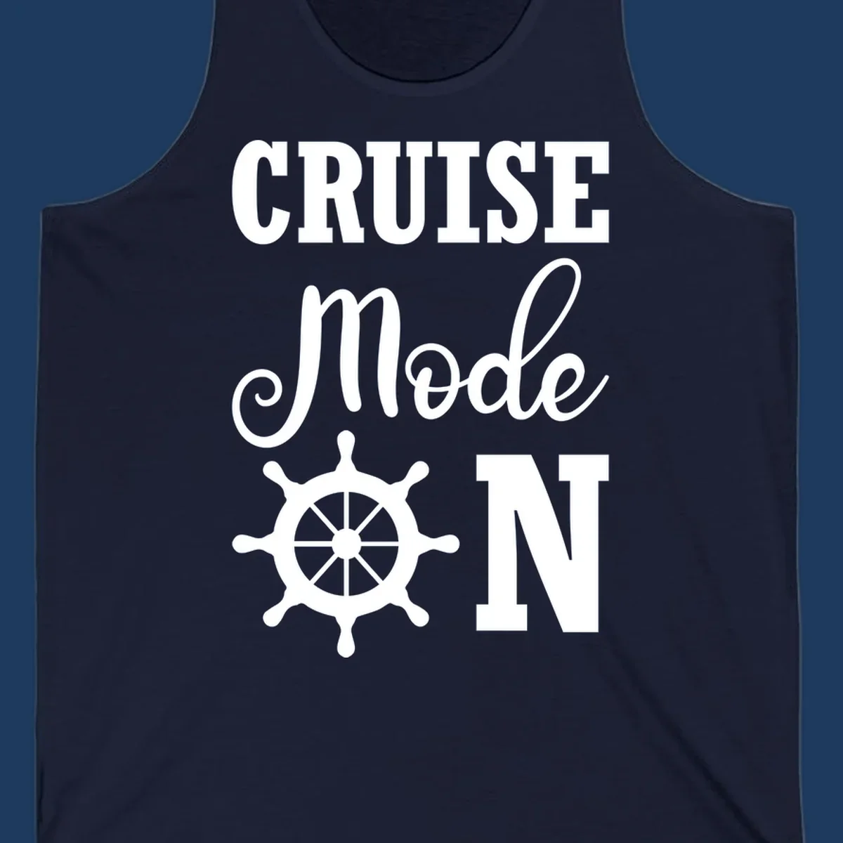 White ship wheel with cruise mode text design on gray background for nautical vacation apparel