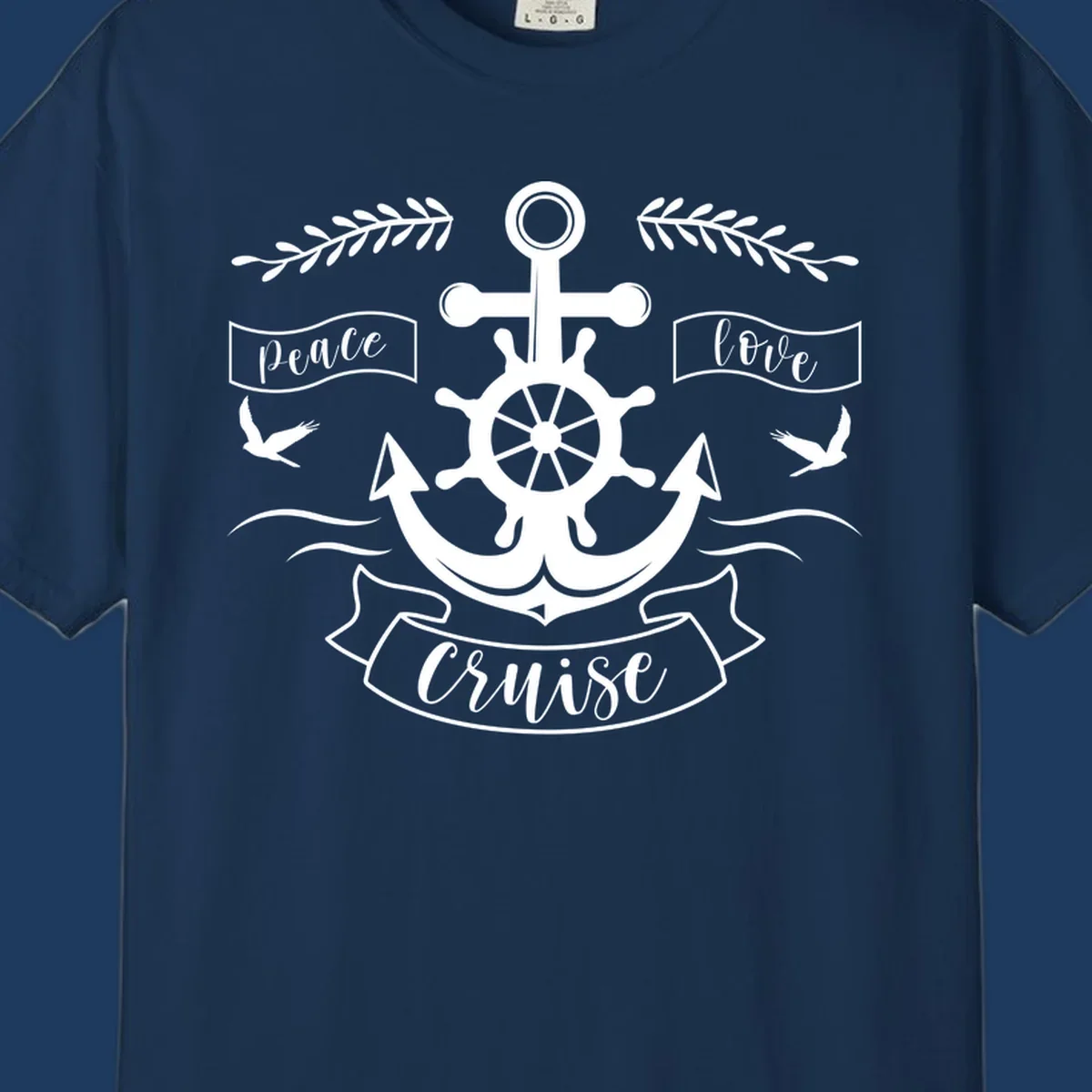 White nautical design with anchor, ship wheel, cross, doves, and 'Peace Love Cruise' text on gray background
