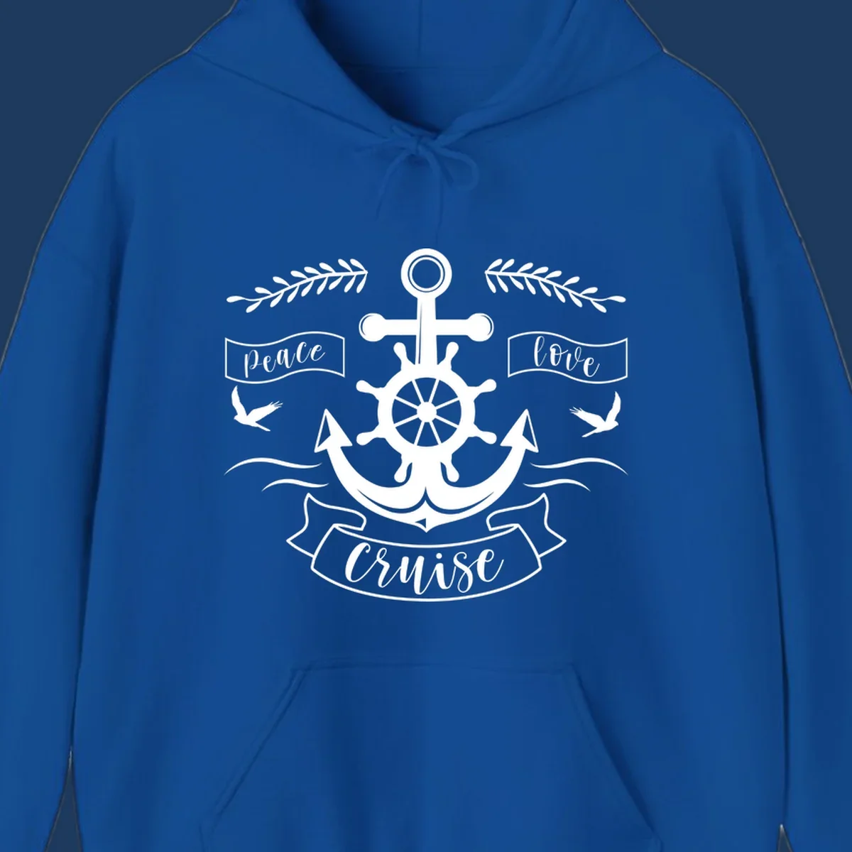 White nautical design with anchor, ship wheel, cross, doves, and 'Peace Love Cruise' text on gray background