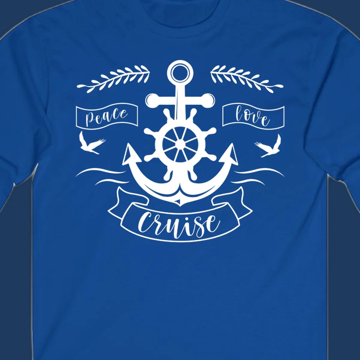 White nautical design with anchor, ship wheel, cross, doves, and 'Peace Love Cruise' text on gray background