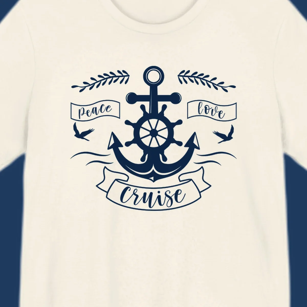 White nautical design with anchor, ship wheel, cross, doves, and 'Peace Love Cruise' text on gray background