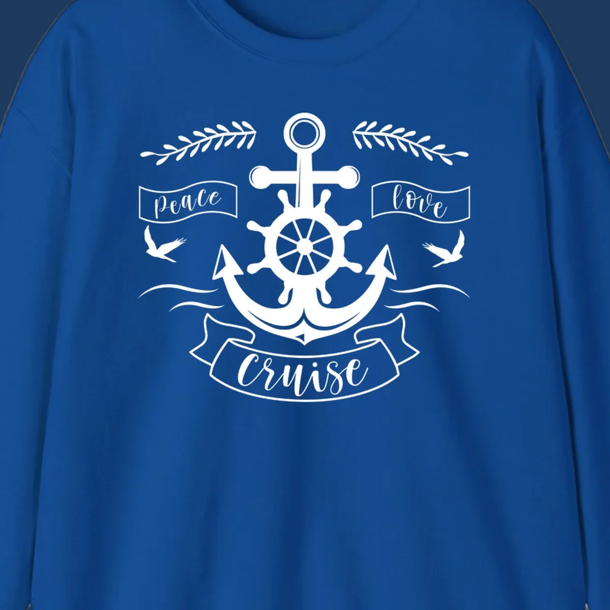 White nautical design with anchor, ship wheel, cross, doves, and 'Peace Love Cruise' text on gray background