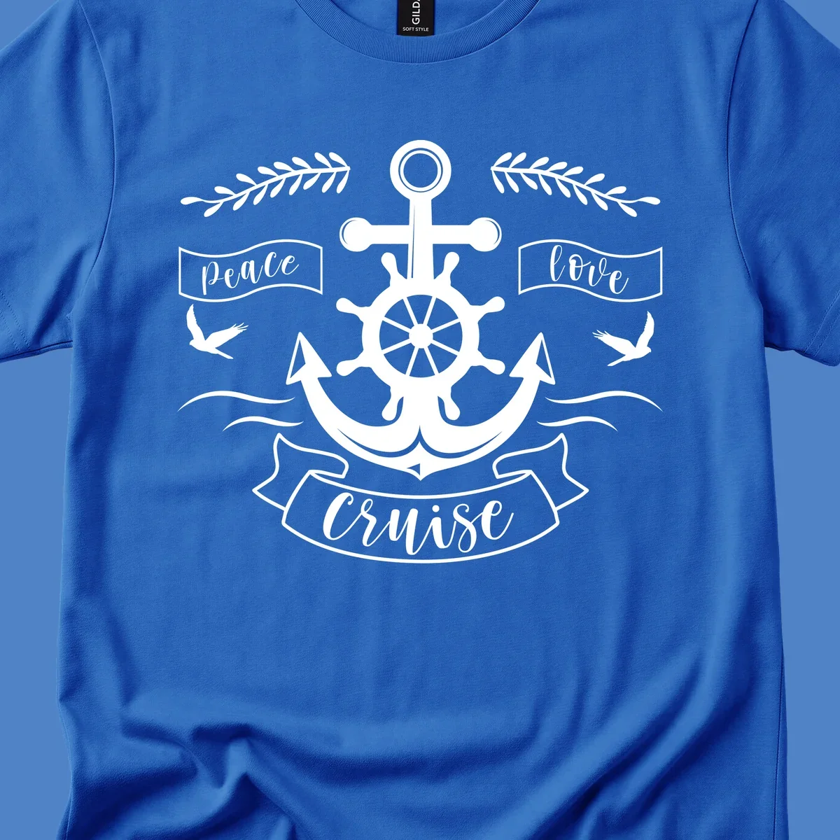 White nautical design with anchor, ship wheel, cross, doves, and 'Peace Love Cruise' text on gray background