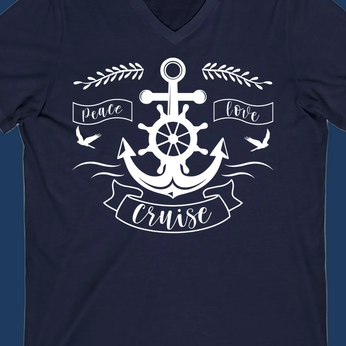 White nautical design with anchor, ship wheel, cross, doves, and 'Peace Love Cruise' text on gray background