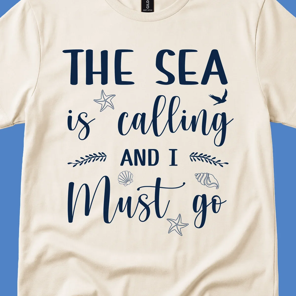 Gray design with white text reading 'The Sea is calling and I must go' surrounded by starfish, seashells, seaweed, and seabird illustrations