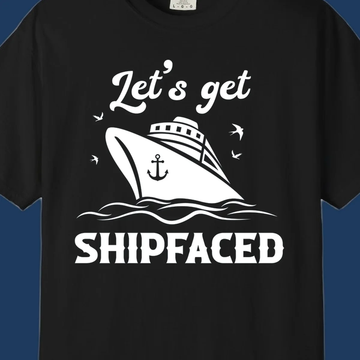 White cruise ship with anchor on gray background, text reads 'Let's get Shipfaced' with seagulls and ocean waves