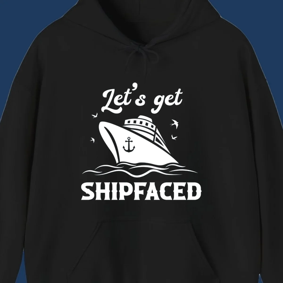 White cruise ship with anchor on gray background, text reads 'Let's get Shipfaced' with seagulls and ocean waves