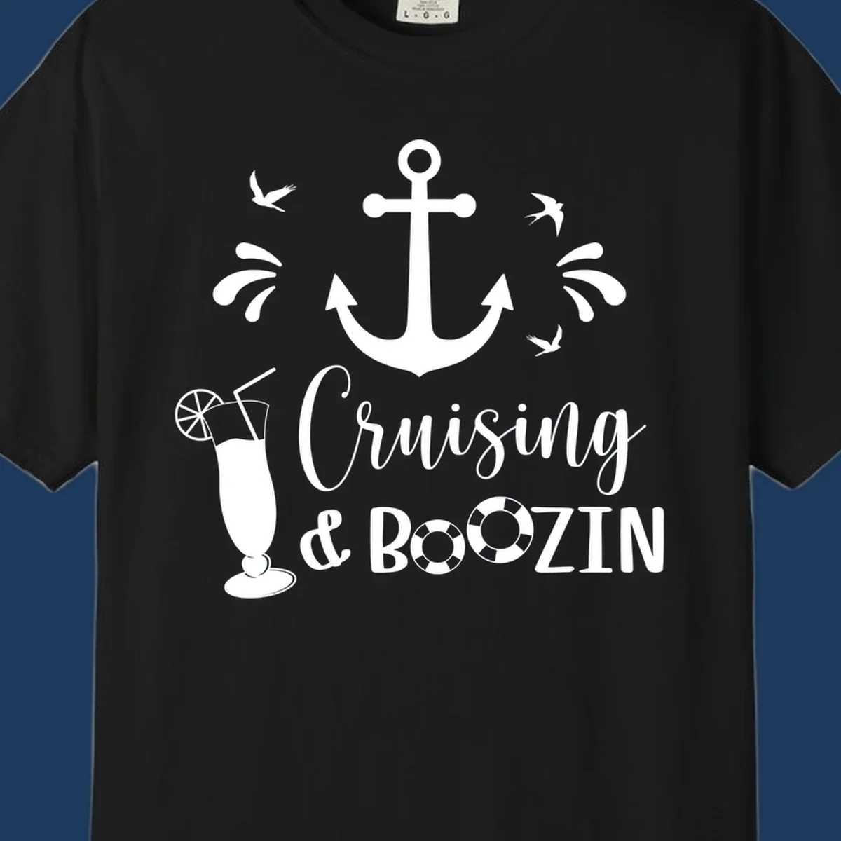 Cruising and boozing nautical design with anchor, seagulls, cocktail, and life preservers on gray background