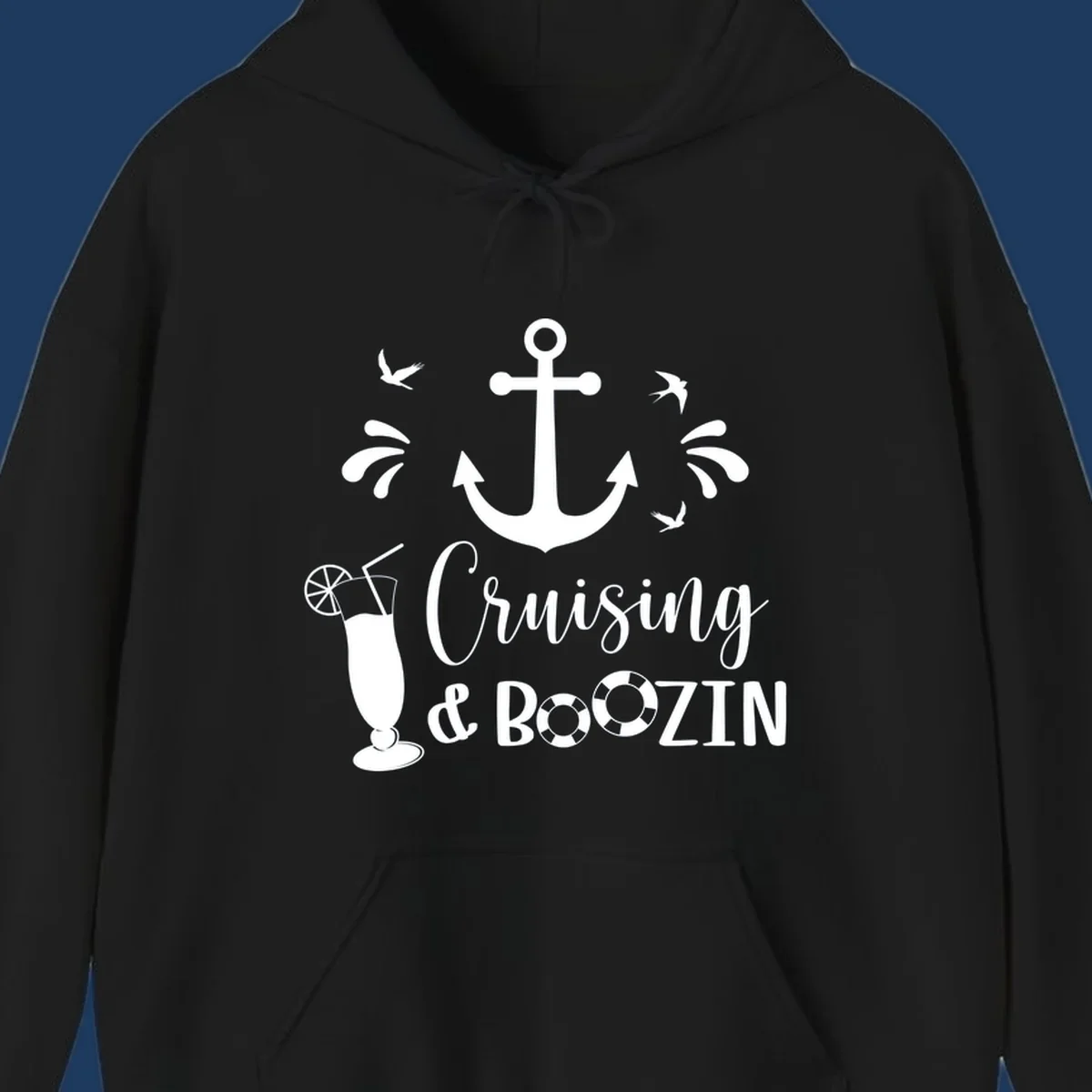 Cruising and boozing nautical design with anchor, seagulls, cocktail, and life preservers on gray background