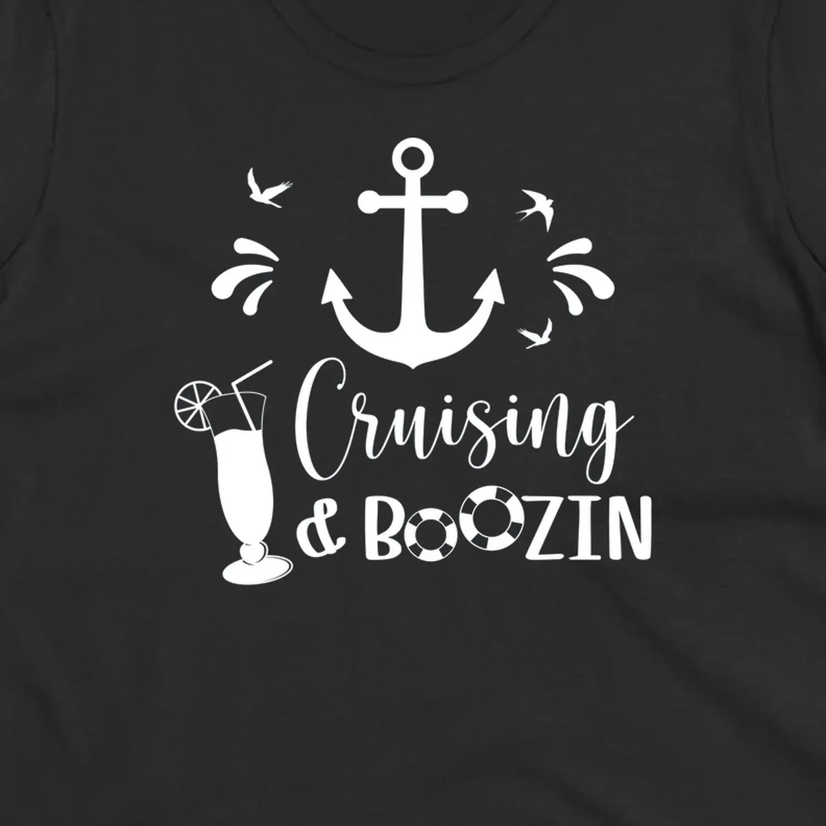 Cruising and boozing nautical design with anchor, seagulls, cocktail, and life preservers on gray background
