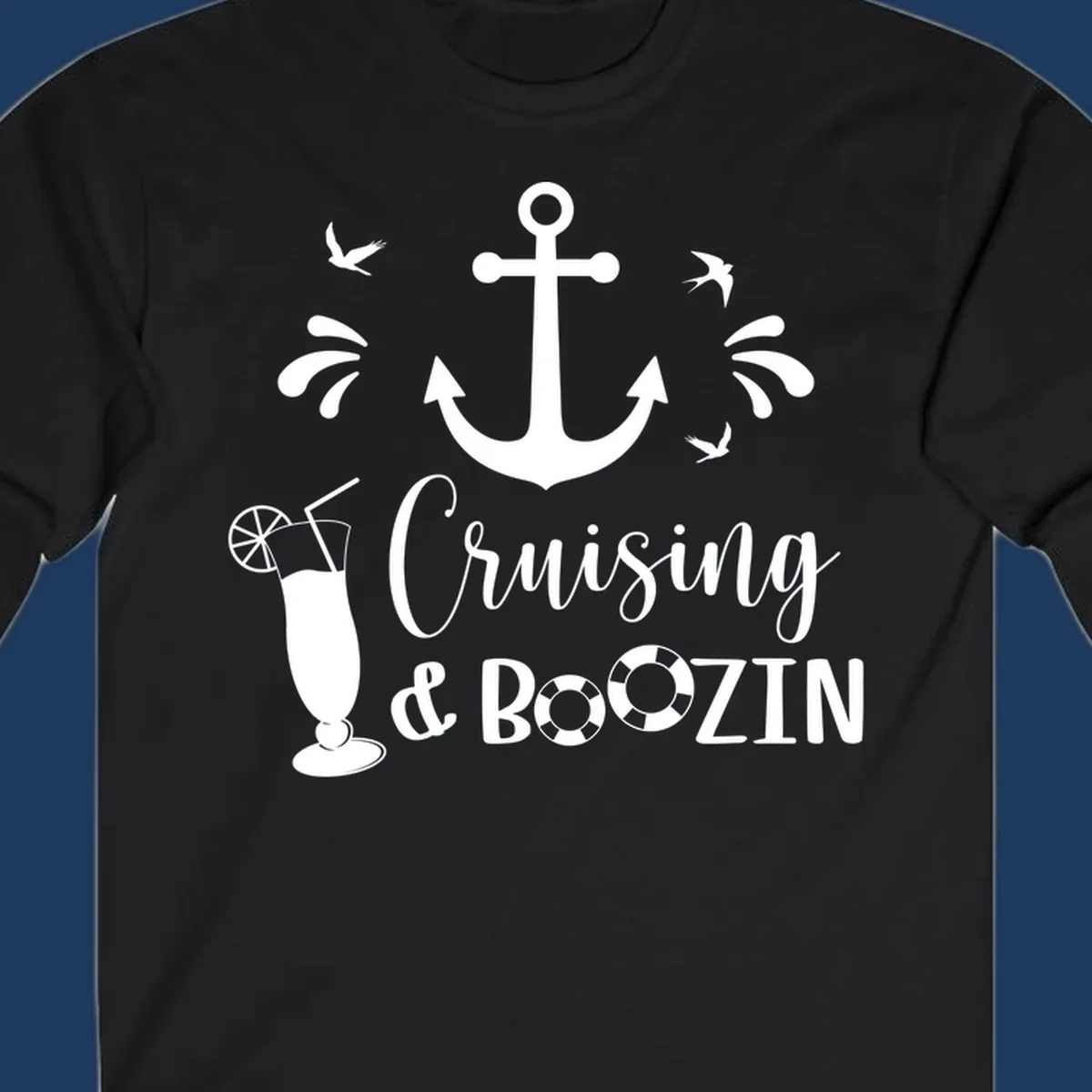 Cruising and boozing nautical design with anchor, seagulls, cocktail, and life preservers on gray background