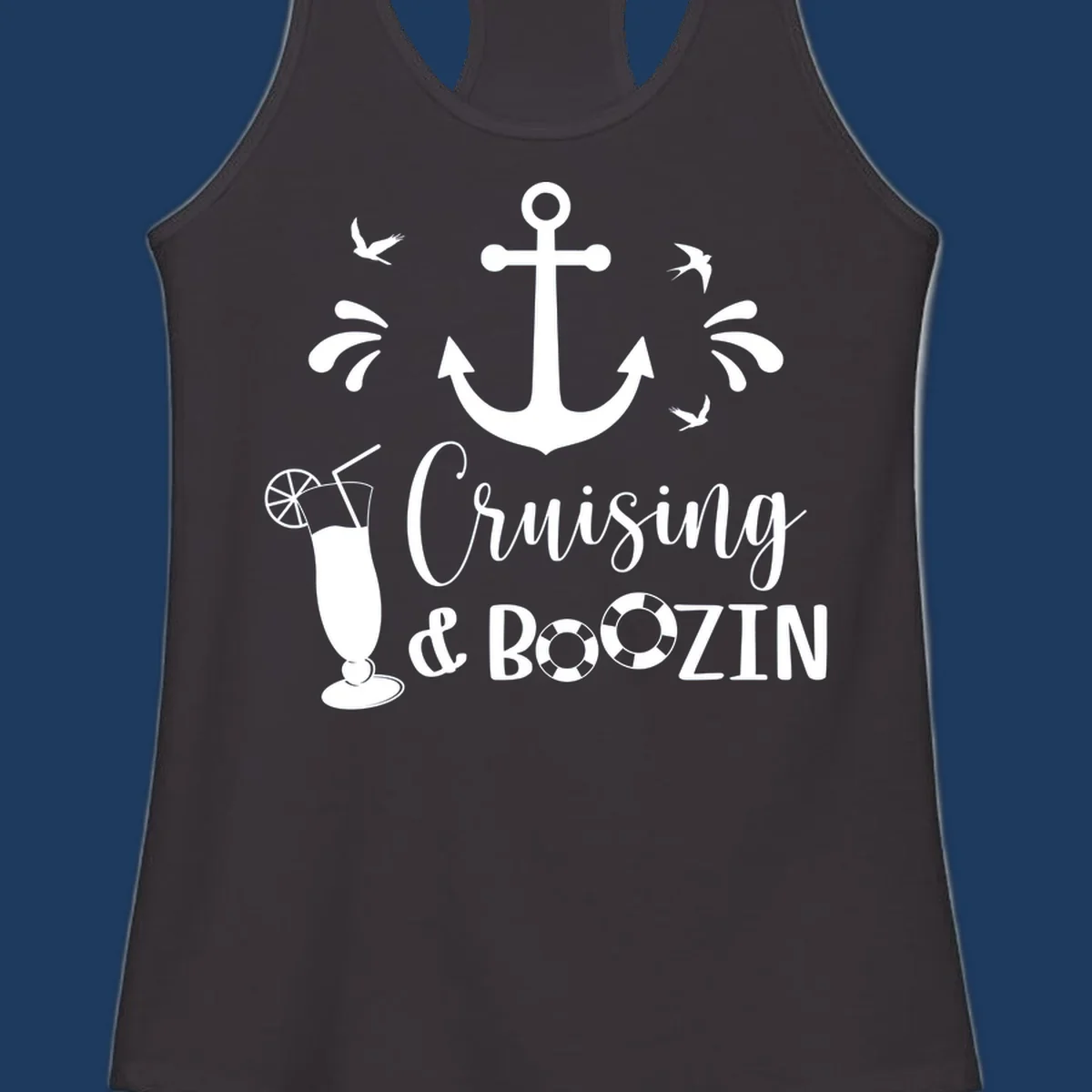 Cruising and boozing nautical design with anchor, seagulls, cocktail, and life preservers on gray background