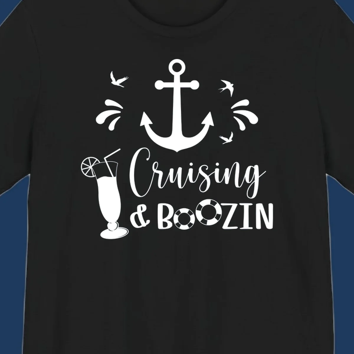 Cruising and boozing nautical design with anchor, seagulls, cocktail, and life preservers on gray background