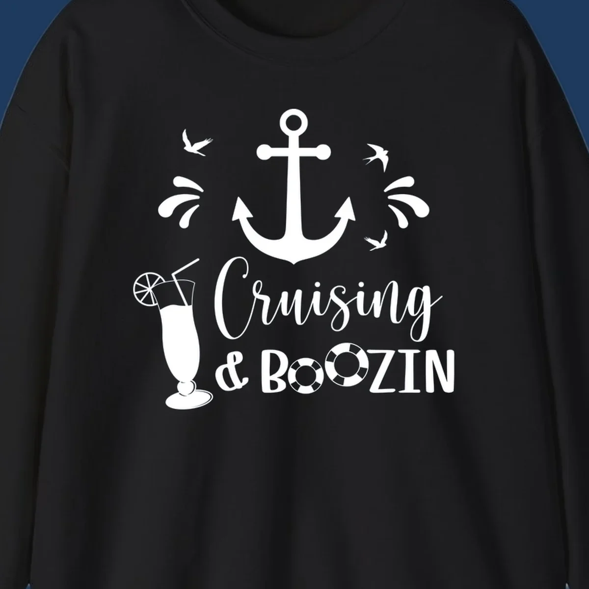 Cruising and boozing nautical design with anchor, seagulls, cocktail, and life preservers on gray background