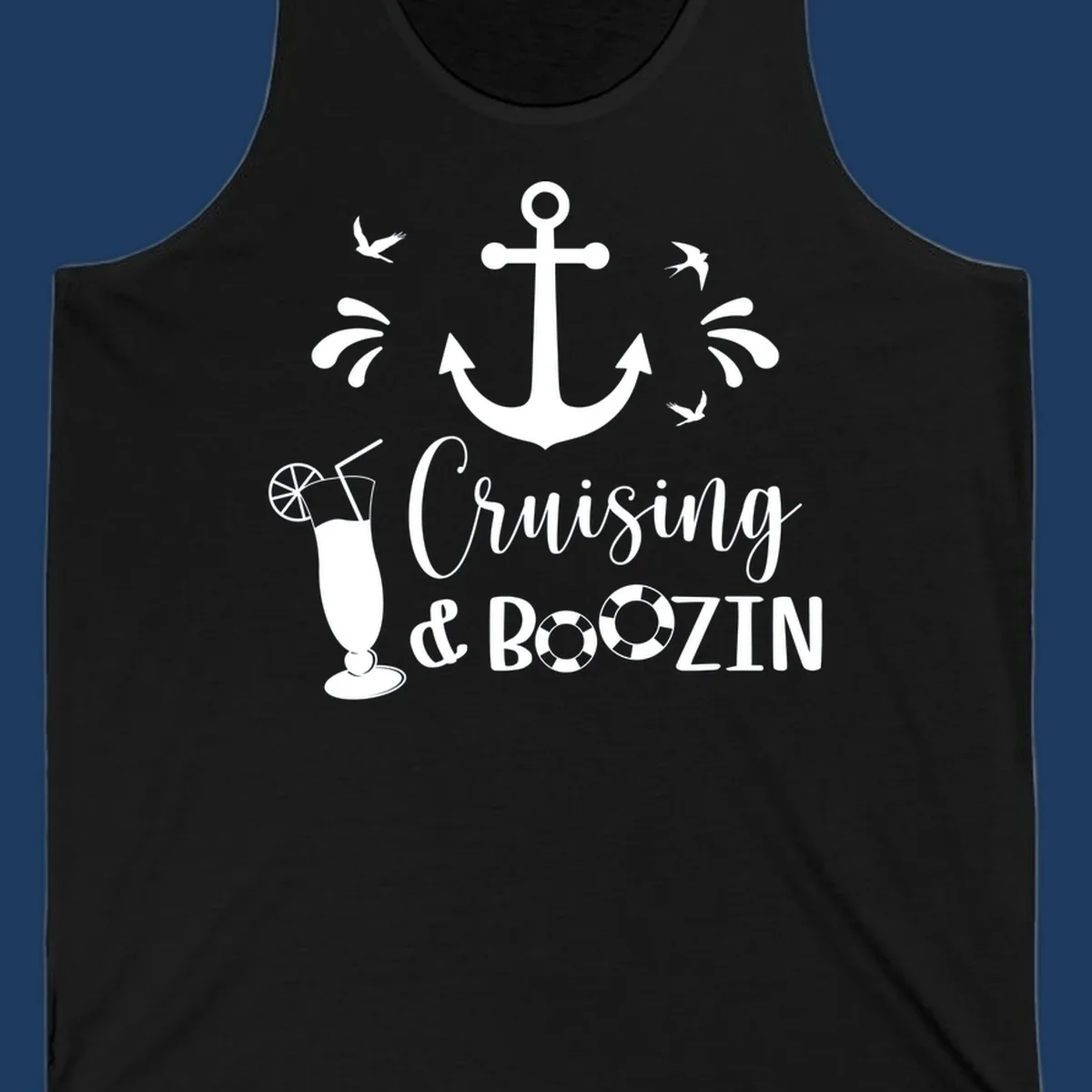 Cruising and boozing nautical design with anchor, seagulls, cocktail, and life preservers on gray background