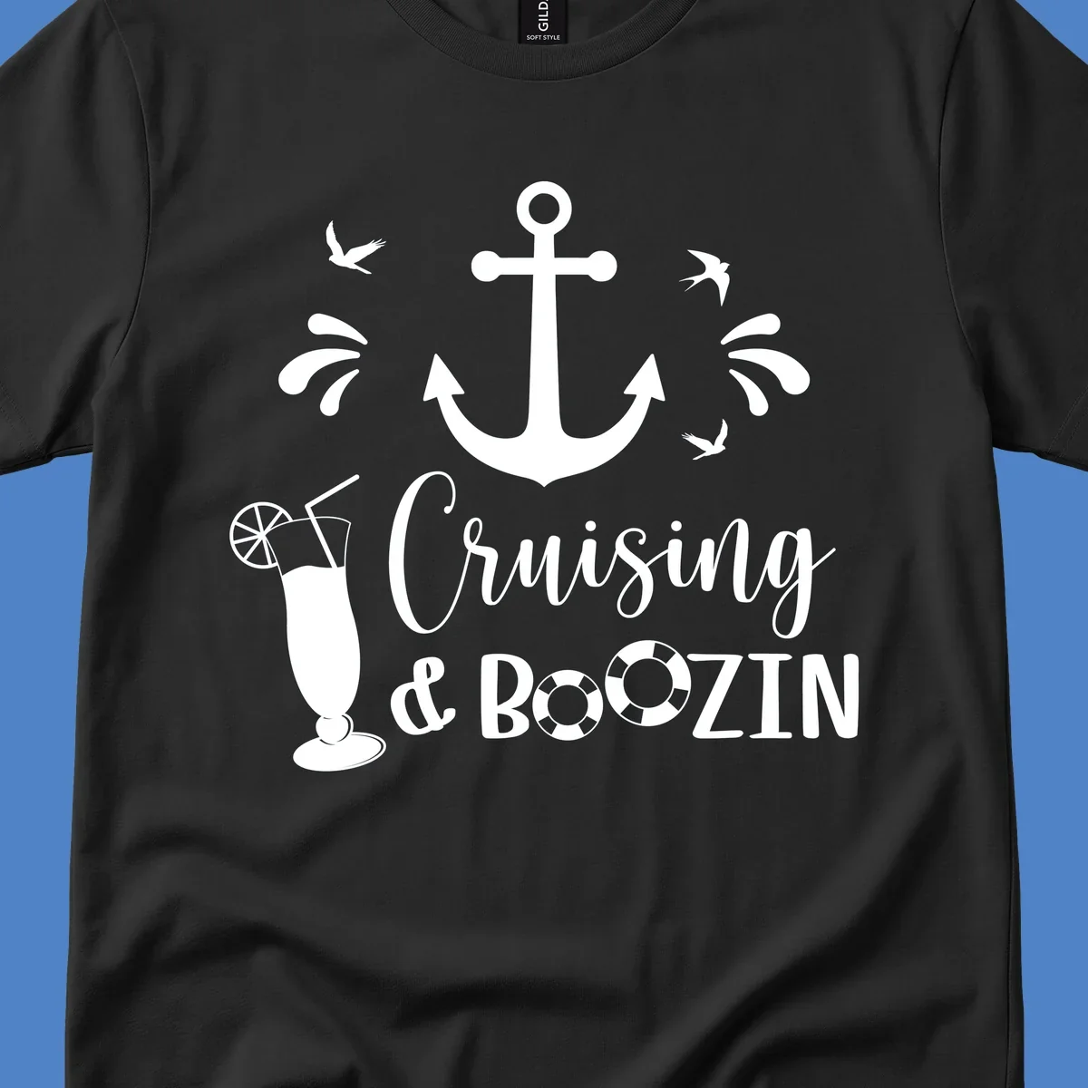 Cruising and boozing nautical design with anchor, seagulls, cocktail, and life preservers on gray background