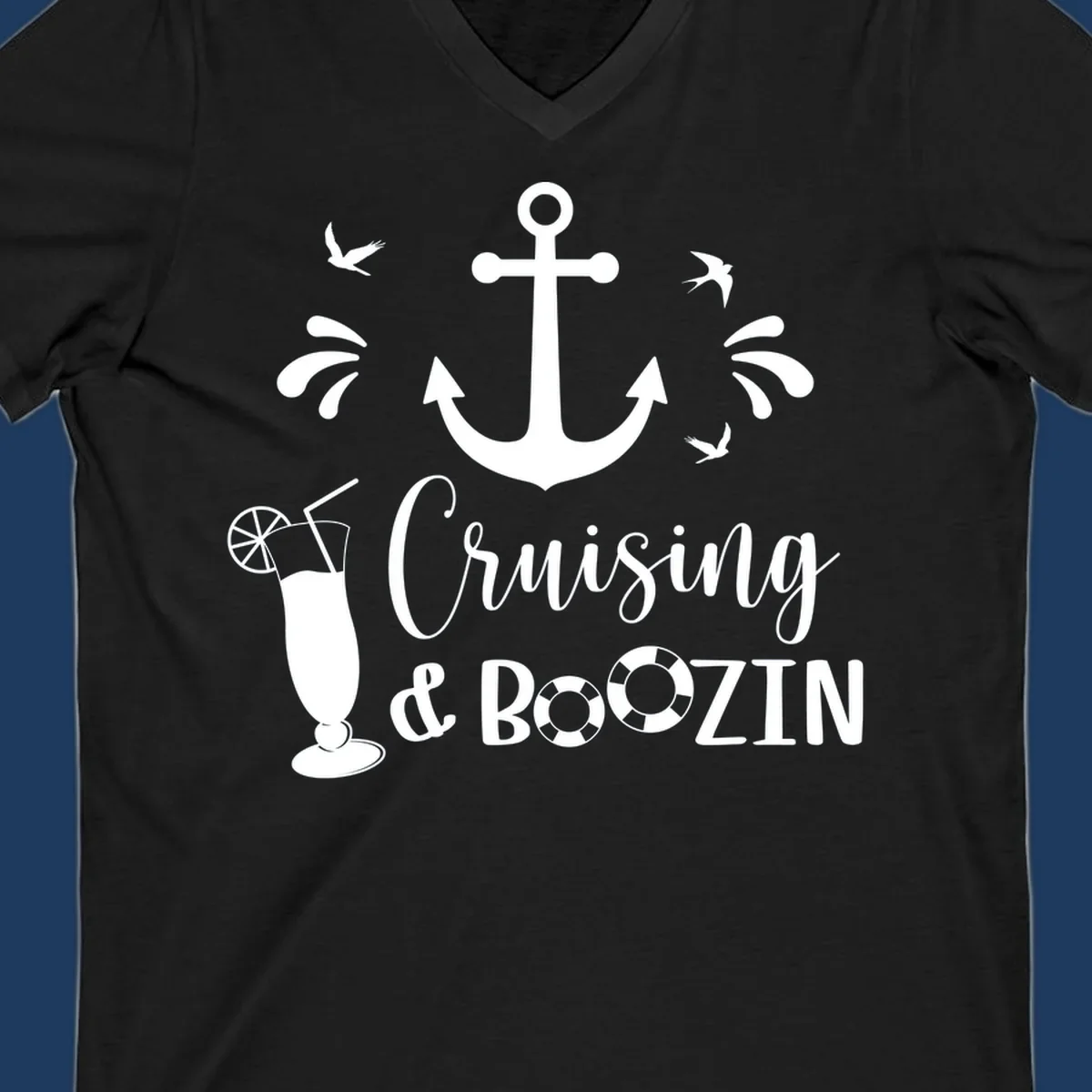 Cruising and boozing nautical design with anchor, seagulls, cocktail, and life preservers on gray background