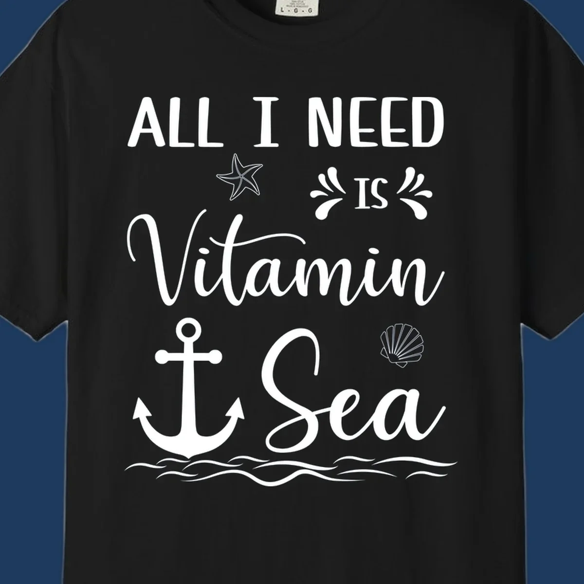 Vitamin sea cruise design with white anchor, starfish, seashell, and waves on gray background