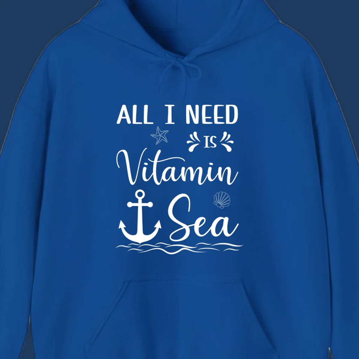Vitamin sea cruise design with white anchor, starfish, seashell, and waves on gray background