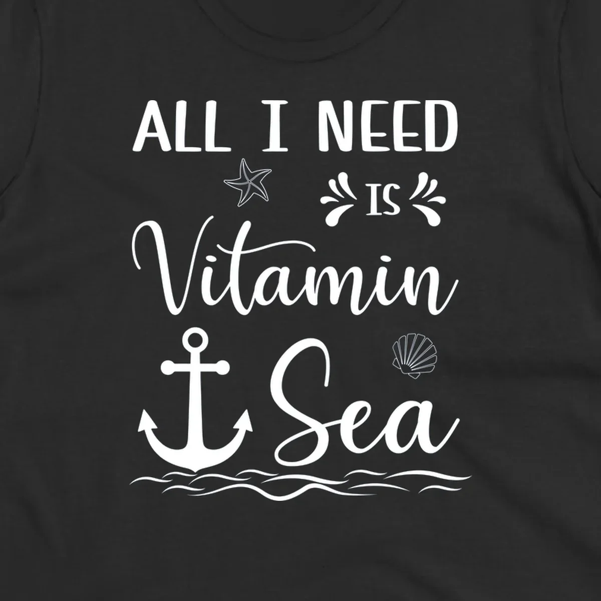 Vitamin sea cruise design with white anchor, starfish, seashell, and waves on gray background