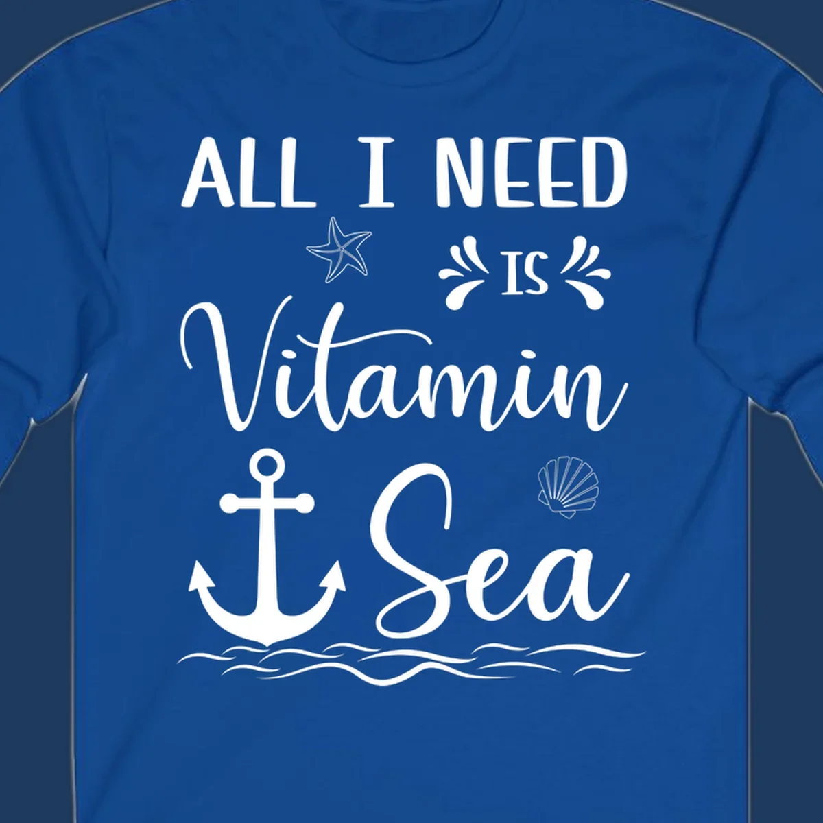 Vitamin sea cruise design with white anchor, starfish, seashell, and waves on gray background