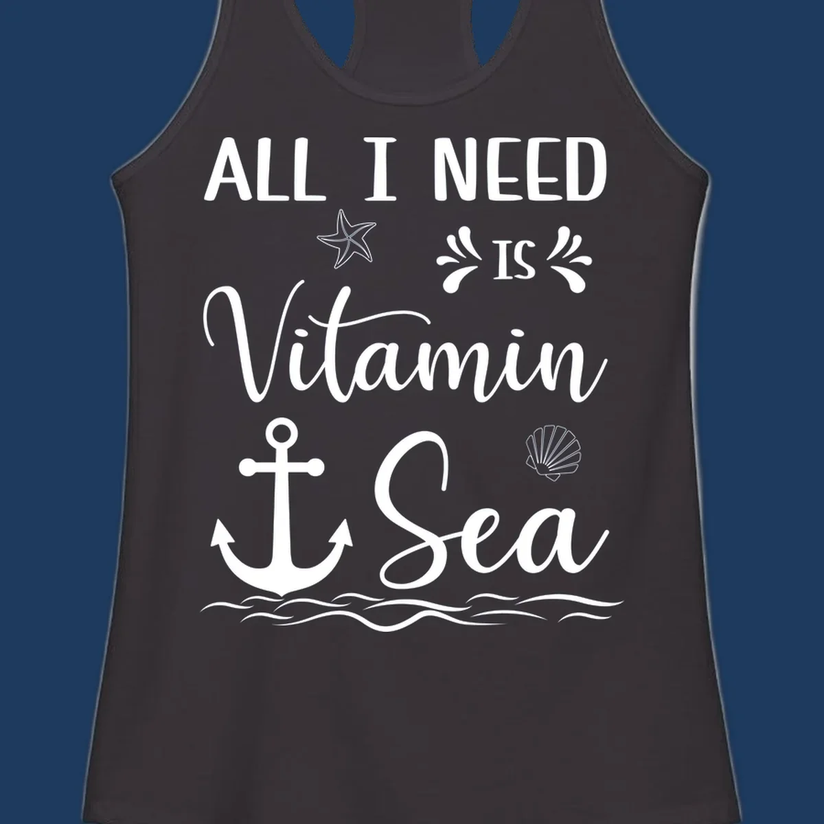 Vitamin sea cruise design with white anchor, starfish, seashell, and waves on gray background