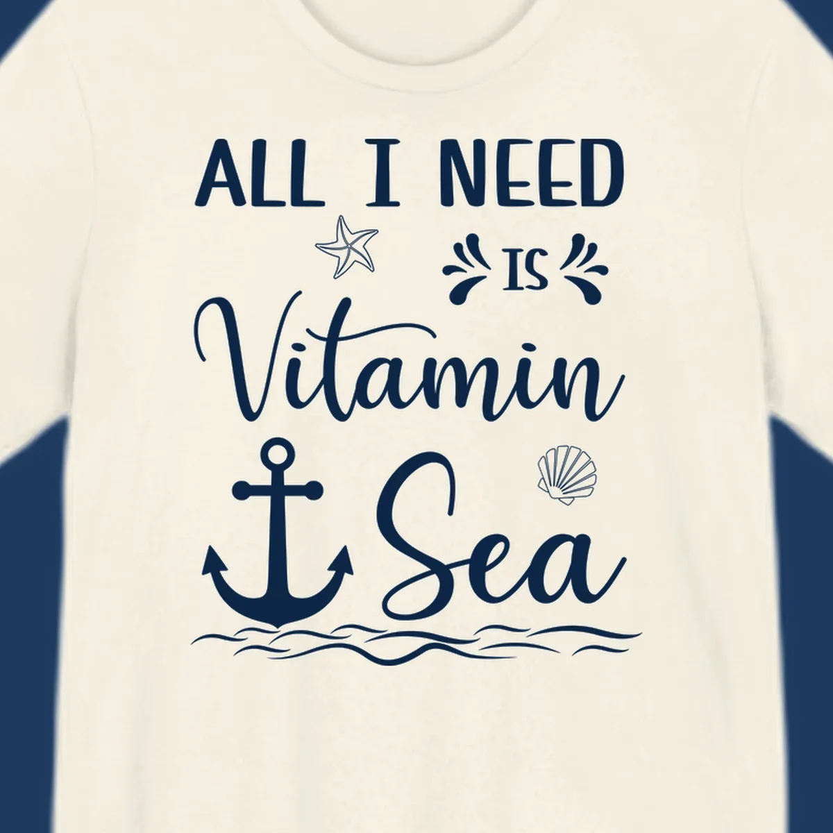 Vitamin sea cruise design with white anchor, starfish, seashell, and waves on gray background
