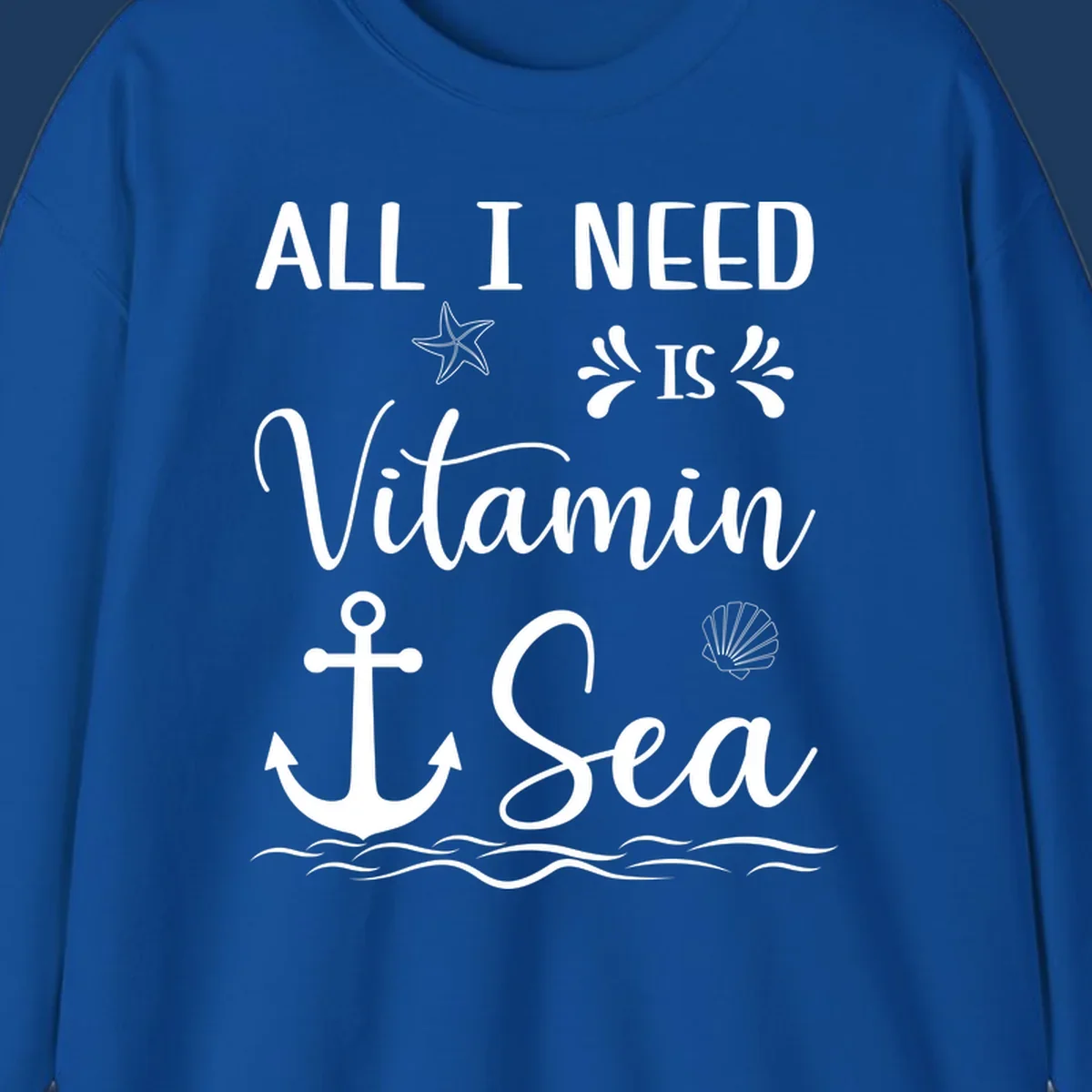 Vitamin sea cruise design with white anchor, starfish, seashell, and waves on gray background