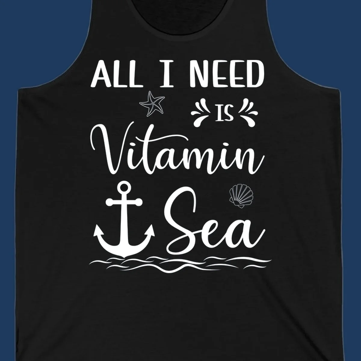 Vitamin sea cruise design with white anchor, starfish, seashell, and waves on gray background
