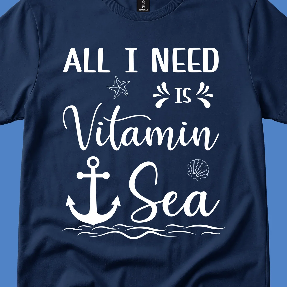 Vitamin sea cruise design with white anchor, starfish, seashell, and waves on gray background