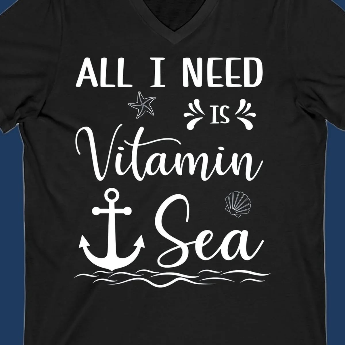 Vitamin sea cruise design with white anchor, starfish, seashell, and waves on gray background