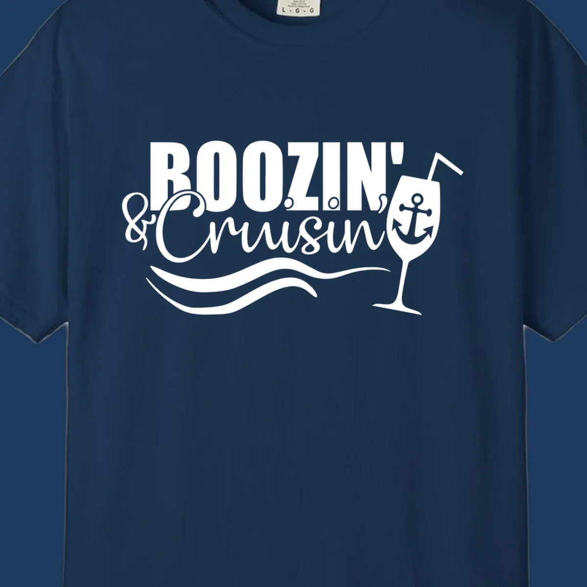 Boozin' & Cruising nautical design with anchor, wine glass, and ocean waves on gray background