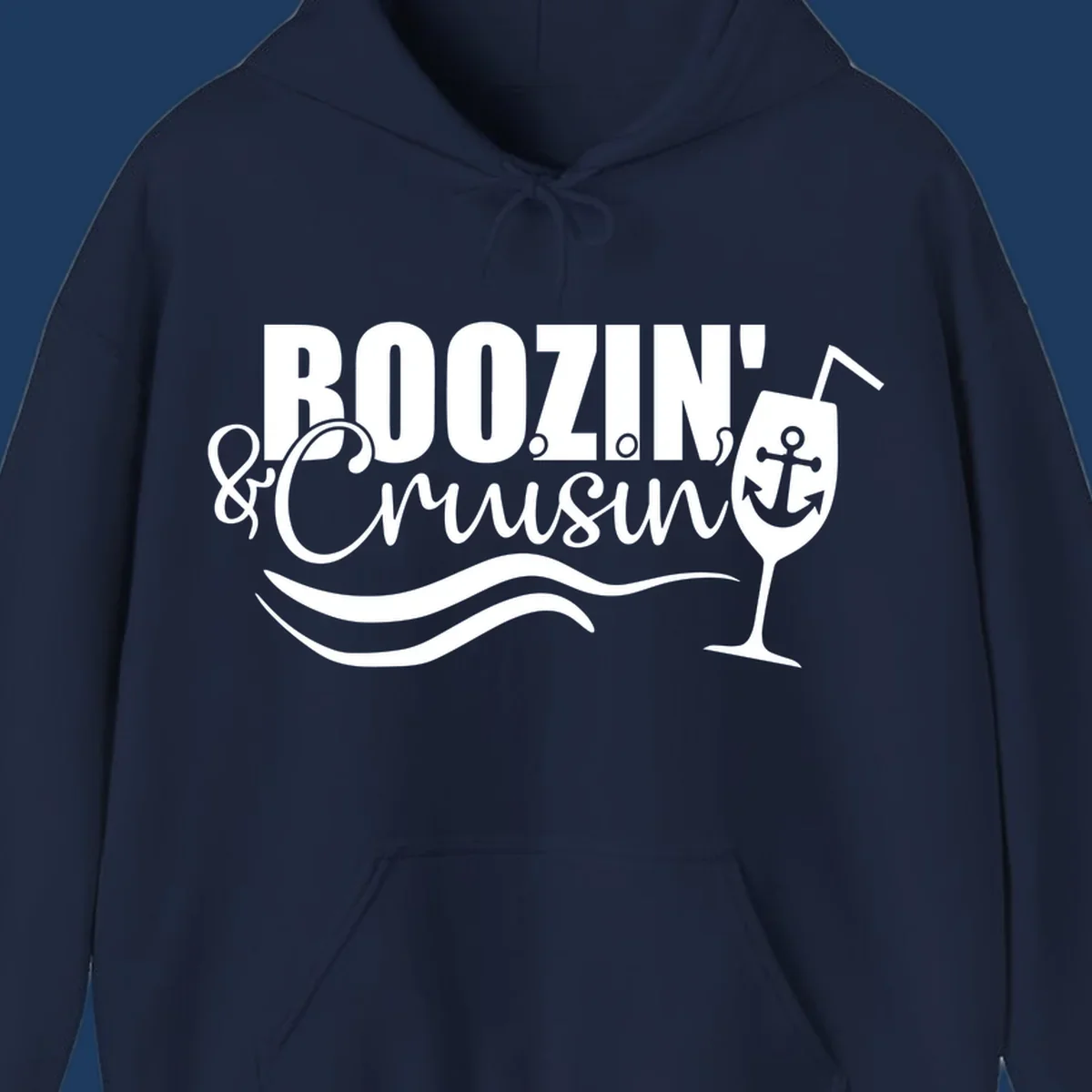 Boozin' & Cruising nautical design with anchor, wine glass, and ocean waves on gray background