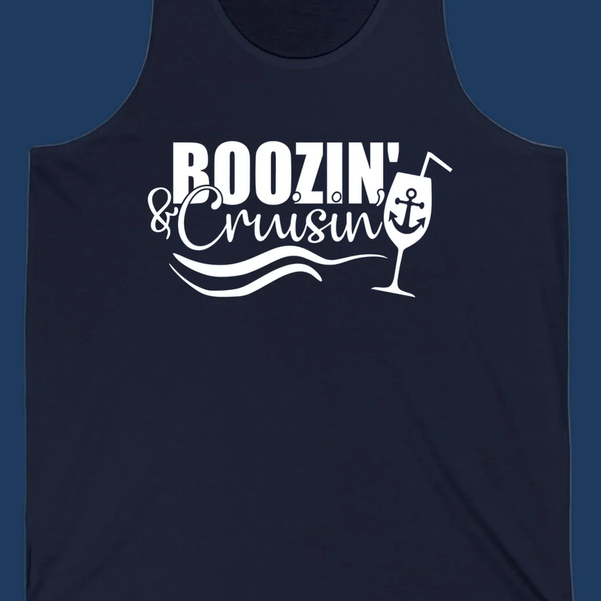 Boozin' & Cruising nautical design with anchor, wine glass, and ocean waves on gray background