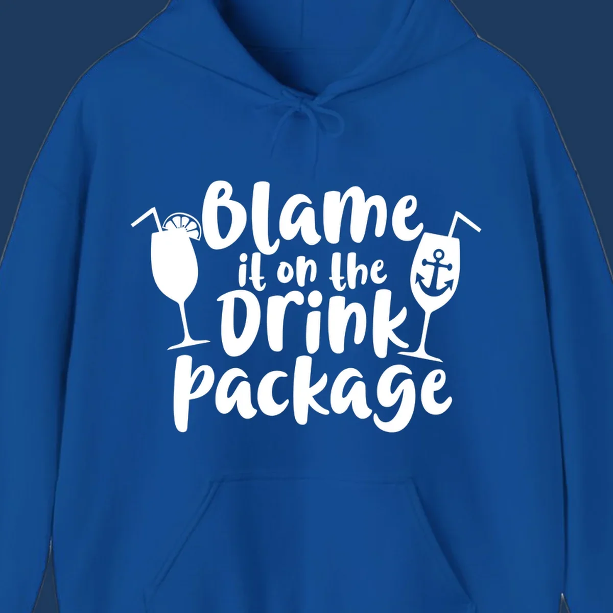 White text reading 'Blame it on the Drink Package' with cocktail and anchor graphics on gray background