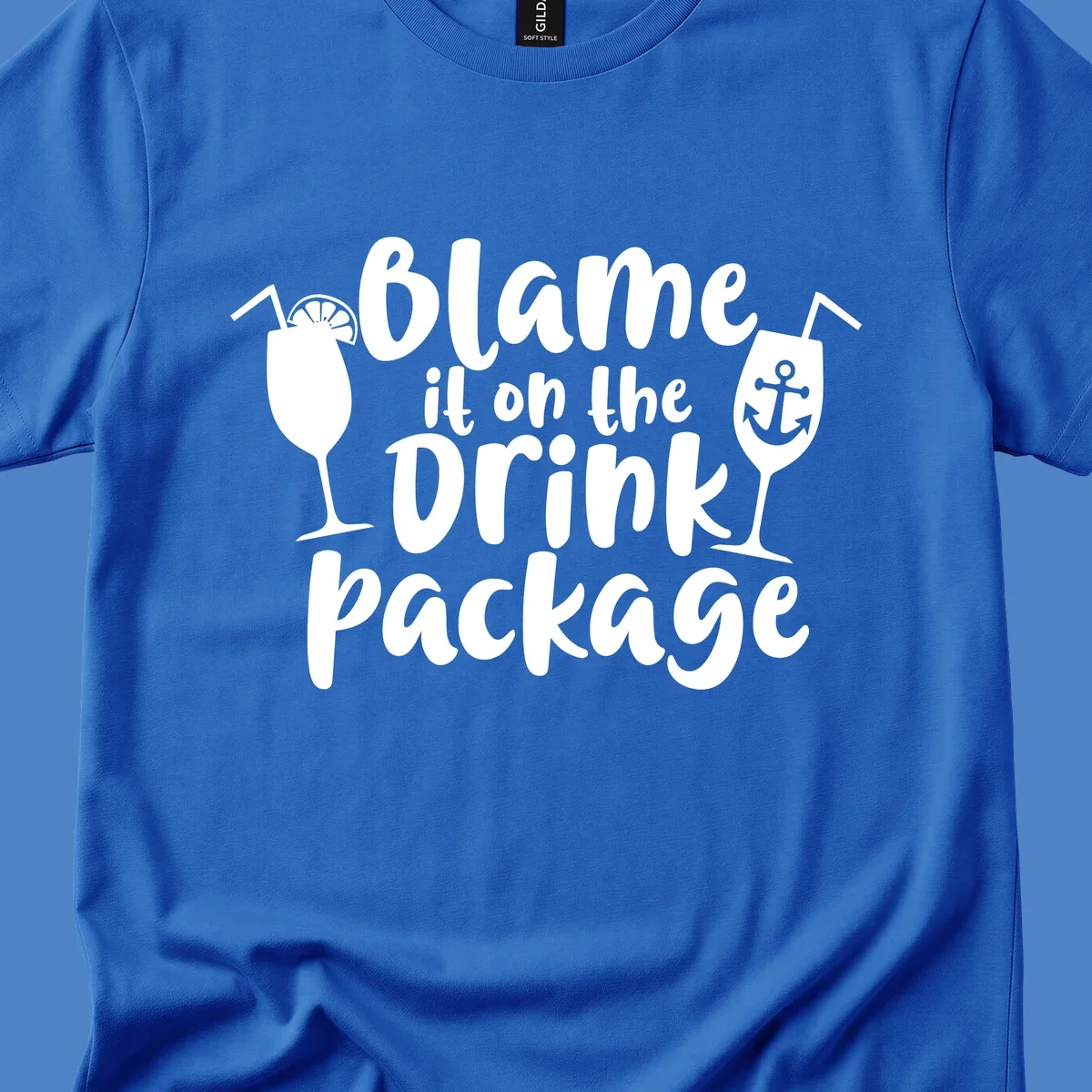 White text reading 'Blame it on the Drink Package' with cocktail and anchor graphics on gray background