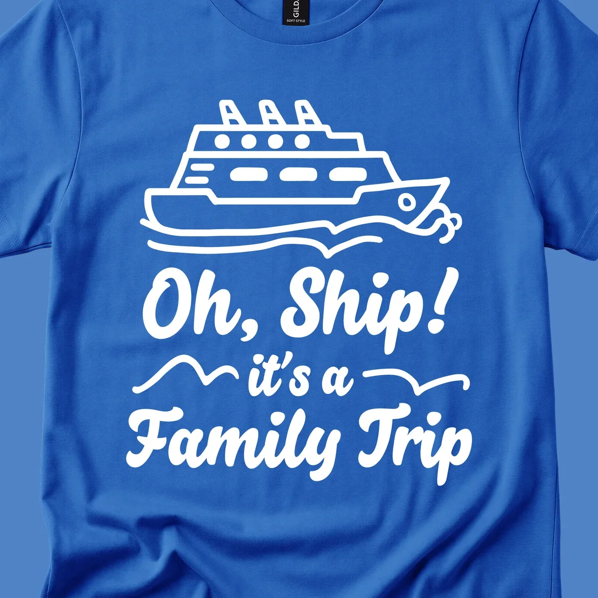 Cruise ship illustration with ocean waves and text reading 'Oh, Ship! it's a Family Trip' - a funny nautical design for family vacations